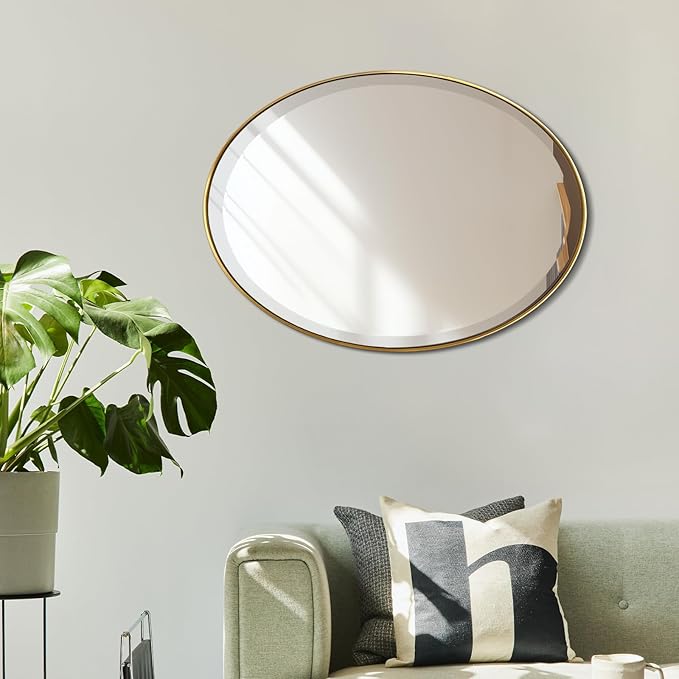 POZINO Brush Oval Vanity Mirror, 20"x28" Gold Mirror for Over Sink, Modern Rounded Mirrors with Stainless Steel Frame, Brass Beveled Mirrors for Bathroom Bedroom Living Room, Horizontal Or Vertical
