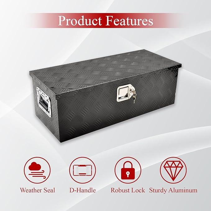 30''Inch Aluminum Truck Tool Box Truck Bed Toolbox Truck Trailer Chest Box Trailer Underbody Storage Organizer Waterproof Square Storage Organizer w/Lock & Keys Black(‎30" Lx13 Wx10 H)