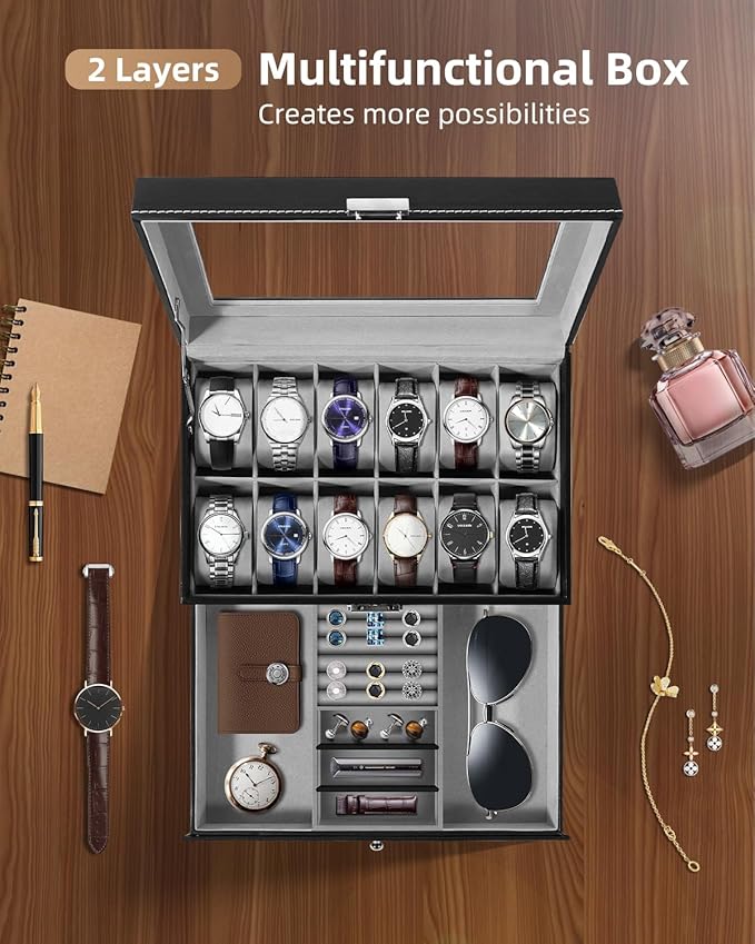 Uten Watch Box, 12 Slots PU Leather Watch Display Case with Jewelry Drawer, Removable Watch Pillow, Metal Clasp, Watch Box Organizer