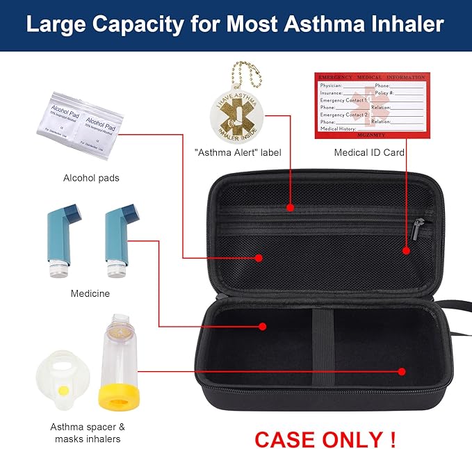 MGZNMTY Travel Carrying Case Compatible with Asthma Inhaler Spacer for Adults and Children, Masks, Inhaler Holder with Asthma Alert Tag and Medical Card, Carabiner (Only Case) (Black)