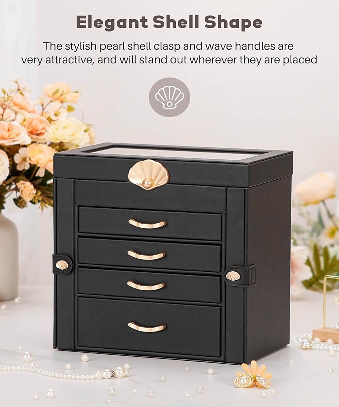 Jewelry Box with 4 Drawers: Display Organizer for Earrings Necklaces - Gifts for Girls Women (Black)
