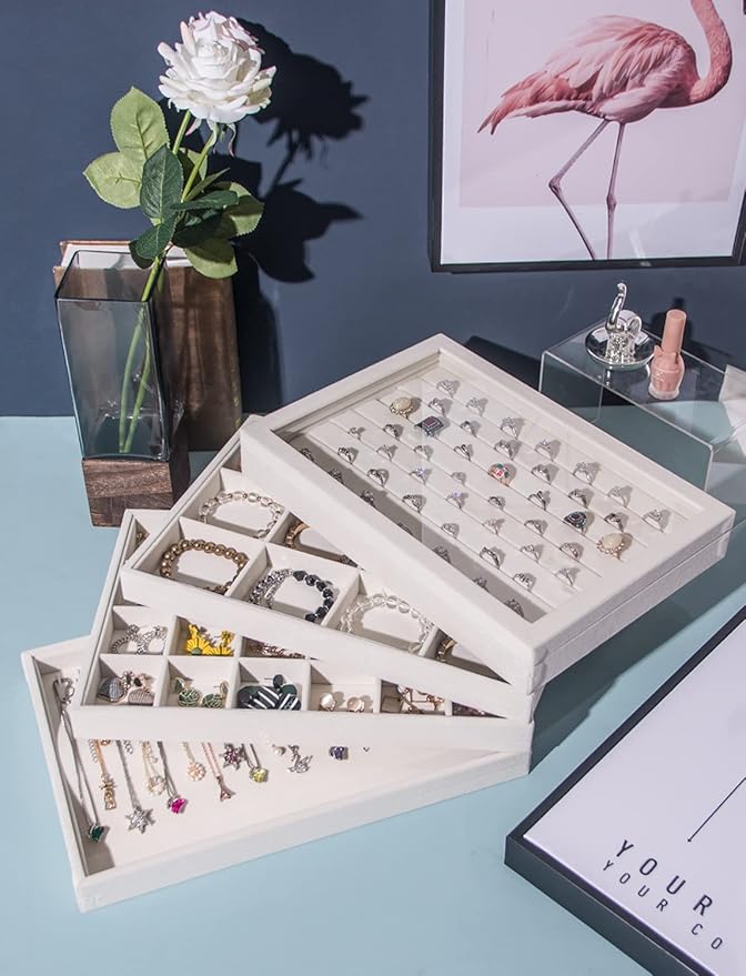 Coward Set of 5 Stackable Jewelry Organizer Tray Necklace Earring Box Storage Ring Bracelet Display Holder (beige(ring+necklace+12girds+24girds+The glass lid))