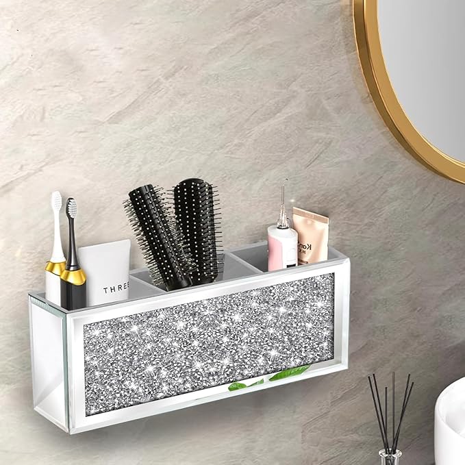 Mirror Hair Dryer Holder. Crystal Crush Diamond Hair Tool Organizer Wall Mount. Silver Bathroom Cabinet Tray for Blow Dryers, Hairdryer Straightener, Brushes and Combs.(10.5”x4”x5”)
