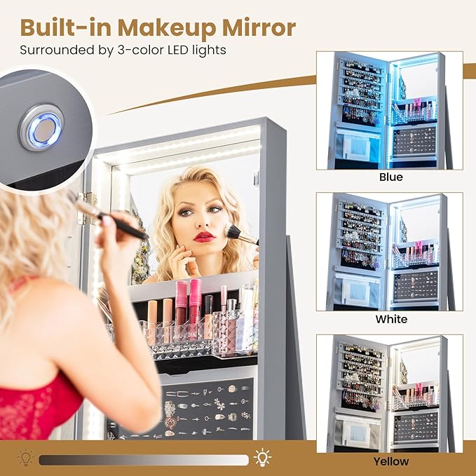 CHARMAID 360° Rotating Jewelry Armoire with LED Lighted Full Length Mirror & Built-in Vanity Mirror, Lockable Standing Jewelry Cabinet with Lights, Large Storage Organizer for Jewelry (Gray)