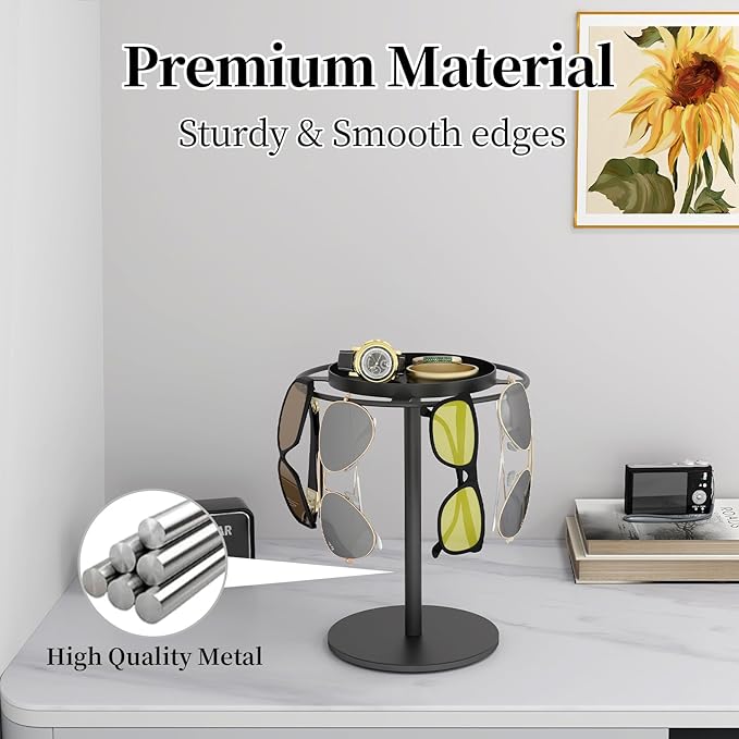 LSK Metal Sunglasses Organizer, Glasses Holder Stand with Storage Tray, Eyeglasses Holder with Anti-Slip Pads for Tabletop, Desk, Dresser, Matte Black