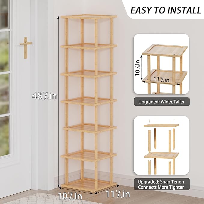 Vertical Tall Shoe Rack For Entryway - Tall 7 Tier Free Standing Slim Narrow Bamboo Wood Shoe Boots Storage Shelf Small Spaces For Garage Closet Doorway Garage Living Room Storage for Kitchen Bathroom