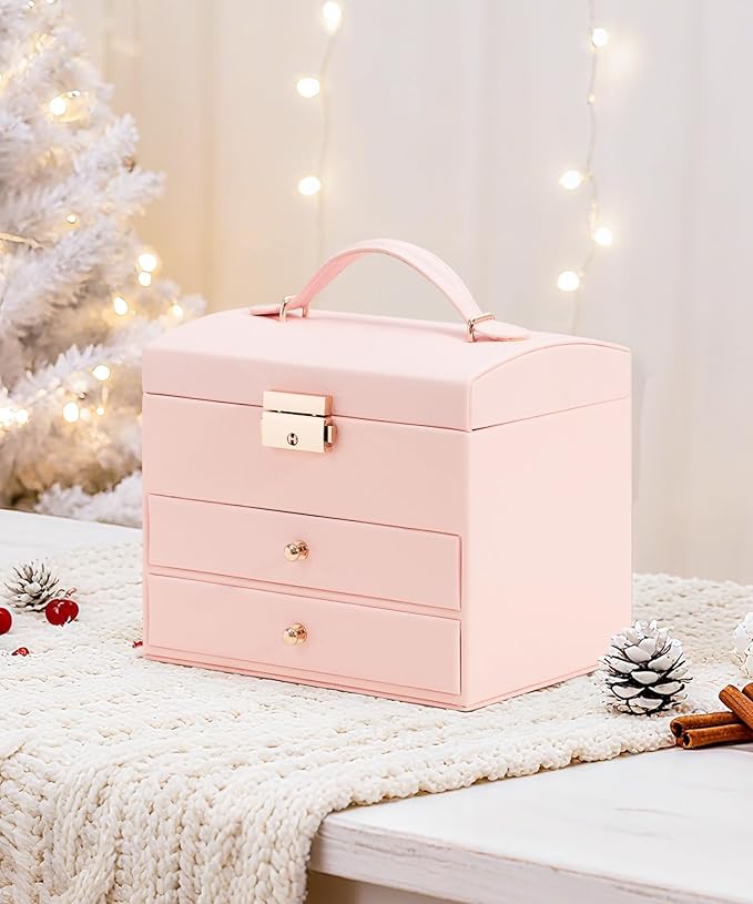 Homde Women Jewelry Box with Lock: 3 Layers Modern Organizer - Pink Storage for Ring Necklace Earring - Birthday Christmas Gifts for Girls
