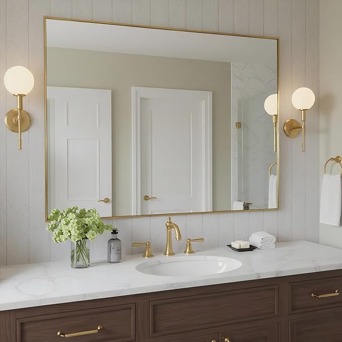 30x40 Inch Brass Bathroom Mirror for Wall, Aluminum Frame Rectangle Rectangular Vanity Mirror, Modern Large for Bedroom, Living Room, Horizontal or Vertical