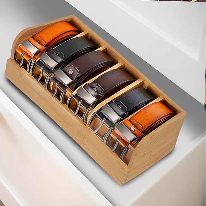 GTI Belt Organizer, 6 Compartments Belt Organizer for Closet and Drawer, Bamboo Display Case for Tie and Belt, Belt Storage Organizer for Men Women (Wooden)