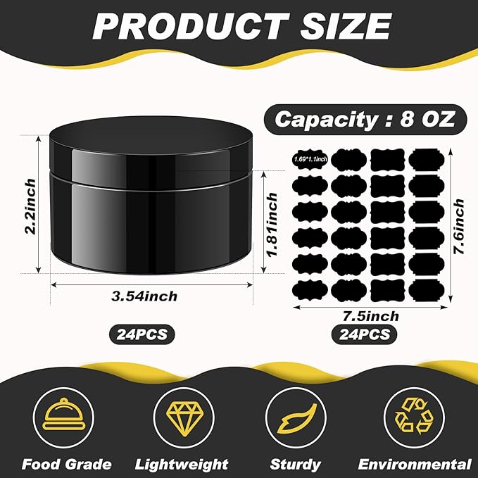 Dandat 24 Pcs 8 oz Plastic Jar Container with Lid and Label Refillable Empty Round Black Pet Cosmetic Sample Slime Containers for Lotion, Cream, Ointments, Body Butter, Makeup, Travel Storage