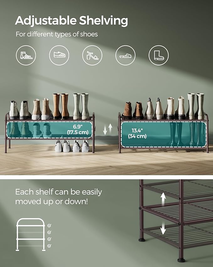 SONGMICS Shoe Rack, 2-Tier Shoe Organizer, Metal Shoe Shelf Storage with 4 Side Hooks, Holds 10 Pairs of Shoes, Height-Adjustable Shoe Rack for Entryway, Hallway, Closet, Chestnut Brown ULMR128A01