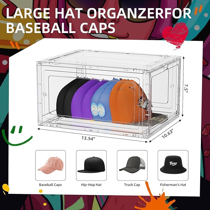 Hat Organizer Box for Baseball Caps, 4 Pack Clear Plastic Hat Storage Box Display Case with Magnetic Door, Hat Rack Holder for Closet, Snapback Organizer, Hold 8 Cap Each