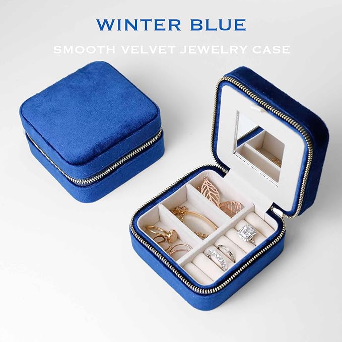Customizable Compact Velvet Jewelry Box with Mirror, Travel Jewelry Case, Travel Jewelry Organizer, Jewelry Box for Women and Girls, Small Jewelry Organizer (Bottom Right Text, Winter Blue)