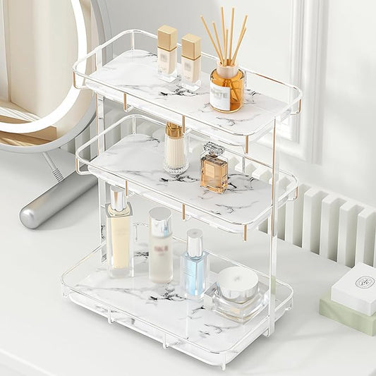 Bathroom Organizer Countertop Perfume Organizer Makeup Organizer Cosmetics Storage Display Rack Vanity Tray Dresser Stainless Steel Gold Shelf White Marble Ceramic Tray