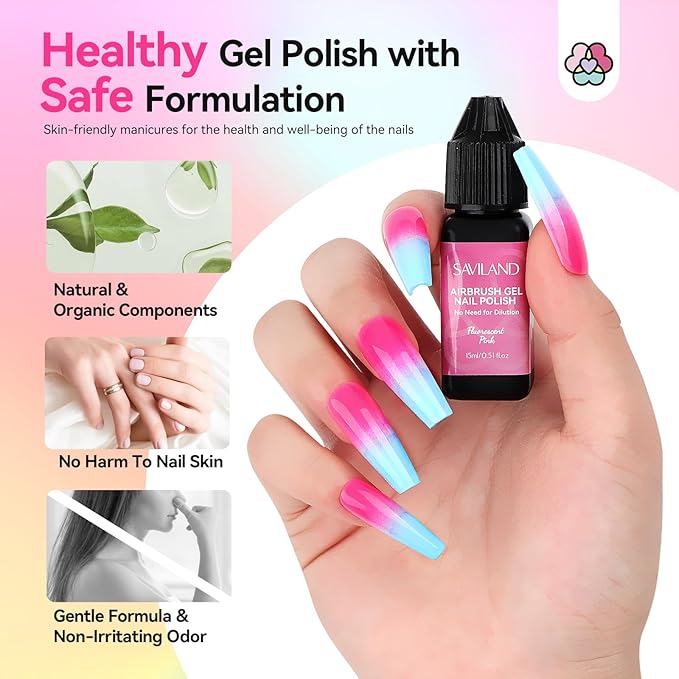 SAVILAND Airbrush Gel Nail Polish Hema-Free: Dilution-Free Fluorescent Airbrush Shine All Night Long,12 Colors Non-Acetone Glows in The Dark for Nails French Manicure DIY Salon & Party & Bar Social