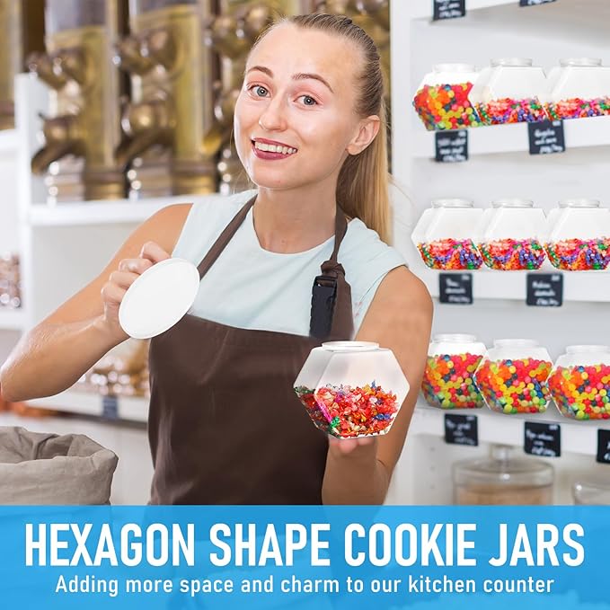 Uiifan 1 Piece Plastic Candy Jar with Lid Cookie Jar Clear Hexagonal Fish Bowls Containers for Snacks, Dog Food, Desk Pet, Craft and Sewing Supplies, Coffee Pod, Laundry Pod Storage Display(29 oz)