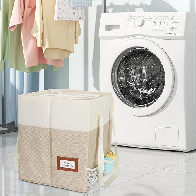 Clothes Hanger Organizer Bag with Lid,Rigid Hanger Storage Containers,Hanger Caddy Organizer Box with Handle and Label Window Keep Closet Laundry Rooms Tidy (Beige)