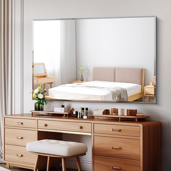 CILIBER Beveled Mirror, 55x36 Large Bathroom Mirrors for Over Sink, Lightweight Design Beveled Frameless Vanity Mirror Wall Mounted, Crystal-Clear 3mm Tempered Glass, Horizontally or Vertically