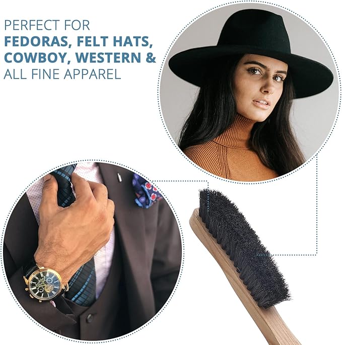 Fedora Hat Brush Lint Remover Duster Brushes for Felt Hats 100% Horse Hair (Black) Wood Brush