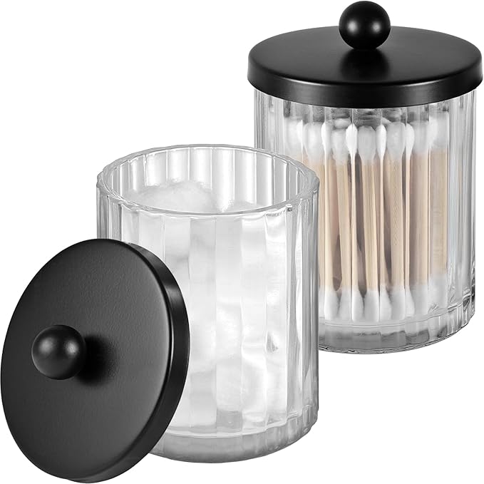 Amolliar Qtip Holder Dispenser for Cotton Swabs, Cotton Balls, Pads, Floss Picks, Clear Glass Canister Apothecary Jar, Bathroom Essential Accessories Decor, Bathroom Storage Organizer (Black, 2 Pack)