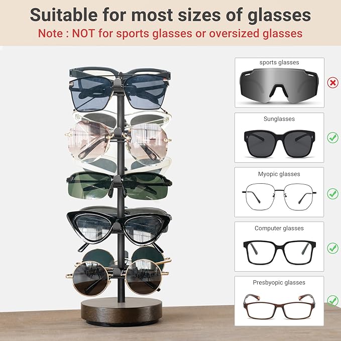 Mkono 360° Rotating Sunglasses Organizer Metal Eyeglass Holder Stand Sunglass Storage Display Eyeglasses Rack for up to 10 Pairs of Eyewear Glasses for Table Dresser Desk Countertop Bedroom, Black