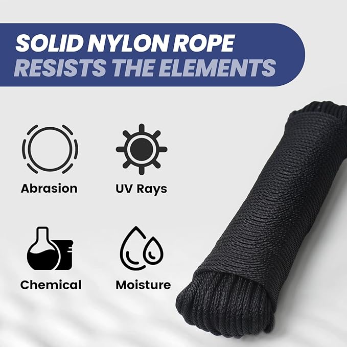 MERIANE Black Nylon Rope 1/8inch 100FT – Multipurpose Solid Braided Rope – Ideal Use for Camping, Clothesline, Marine, Flag Line – Abrasion & UV Resistant – Shock Absorption Rope for Indoor Outdoor