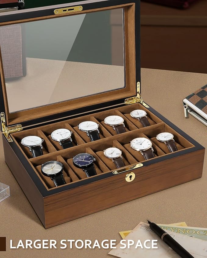 Uten Watch Box with 10 Slots, Watch Case Organizer with Golden Lock and Key, Wooden Watch Display Storage Box with Removable Watch Cushions, Velvet Lining, Metal Clasp, Gift for Men & Women