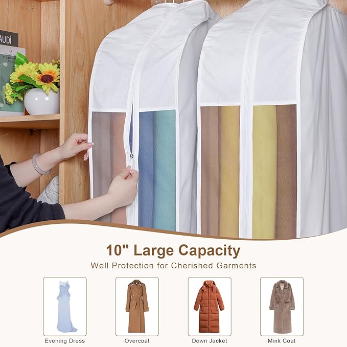 Kntiwiwo 60" Premium Cotton Garment Bag for Hanging Clothes and Storage, Breathable Dress Bags for Gowns with Extra Large 10" Gusseted & Clear Window, Dust Cover with Zipper for Long Dresses, 3 Pack