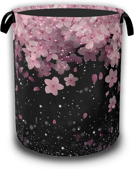 Cherry Blossoms Laundry Basket,Waterproof Foldable Pink Glitter Laundry Hamper,Dirty Clothes Basket, Linen Bin Storage Organizer Collection 16" x 20.8"