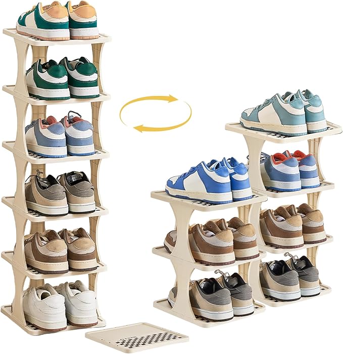 Vertical Shoe Rack 6 Tier Adjustable Shoe Organizer Small Shoe Shelf for Closet, Narrow Entryway, or Bedroom Easy to Assemble and Disassemble Holds Up to 7 Pairs of Shoes (White)