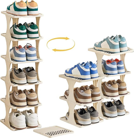 Vertical Shoe Rack 6 Tier Adjustable Shoe Organizer Small Shoe Shelf for Closet, Narrow Entryway, or Bedroom Easy to Assemble and Disassemble Holds Up to 7 Pairs of Shoes (White)