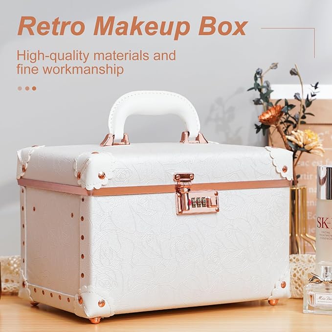 urecity Vintage Makeup Train Case with Rose Gold Hardware, White Embossed Pattern, Combination Lock Security, Portable Cosmetic Storage Box with Handle