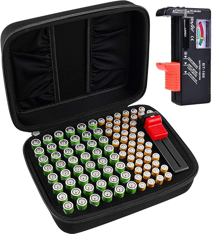 Comecase Battery Organizer Storage Box Case Holder for 48 x AA, 48 x AAA Total 96 Batteries with Battery Tester, Extra 2 Pockets for Other Accessories