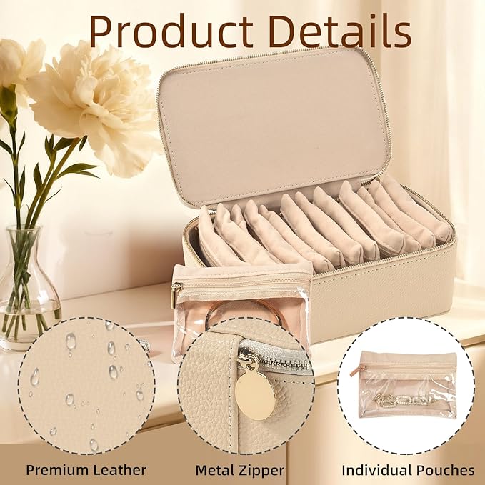 Travel Jewelry Box,Jewelry Travel Organizer for Women, Travel Jewelry Case with 12pcs Velvet Jewelry Pouches for Necklaces Rings Earrings Sorting Storage(Beige