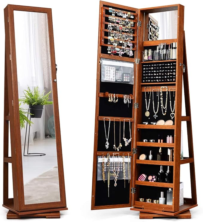 CHARMAID 360° Swivel Jewelry Armoire with Higher Full Length Mirror, Standing Lockable Jewelry Cabinet Organizer with Large Storage Capacity, Inside Makeup Mirror, Back Storage Shelves (Walnut)