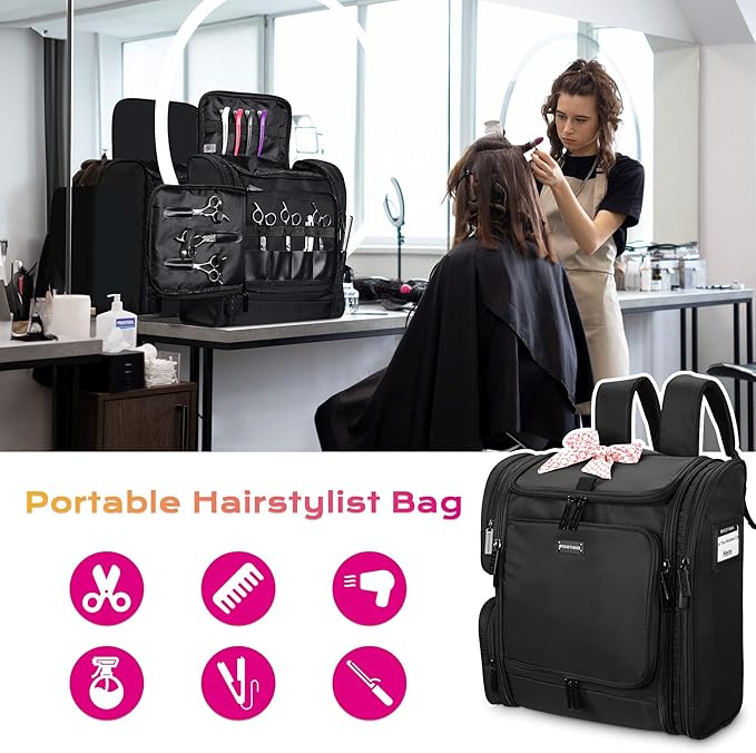 BYOOTIQUE 2in1 Soft Sided Rolling Makeup Train Case Travel Backpack For Hair Stylist Tools Curling Iron Straightener Salon Barber Shop, Black