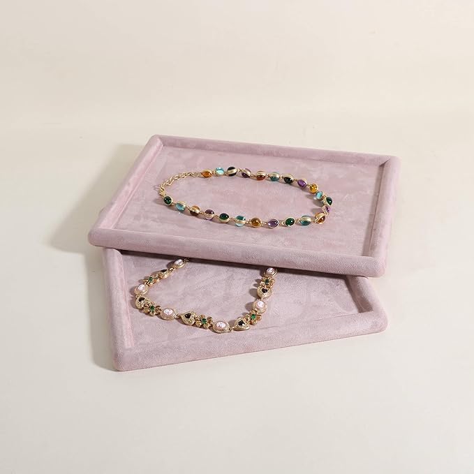 Rectangle Jewelry storage organizer plate, Velvet Jewerly display tray, Empty showcase tray for Necklace Bracelet Ring Earring【Pink-Medium, 11.8 x 8.7 in 】