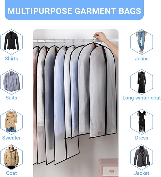 Garment Bags Covers (24''X60'' Set of 12) Long Dress Bags for Hanging Clothes (Pack of 6) with Study Full Zipper Coat Covers for Closet Clothes Storage and Travel