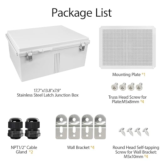 LeMotech Electrical Box, IP67 Waterproof Hinged Cover Stainless Steel Latch Junction Box, ABS Plastic Electrical Enclosure with Mounting Plate,Wall Brackets, Cable Glands, 17.7"x13.8"x7.9", Grey