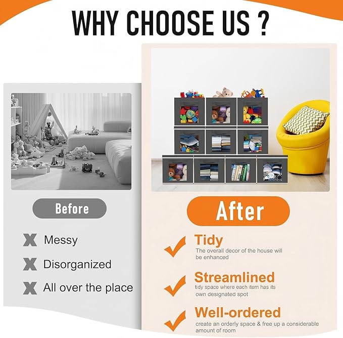 10 Pcs Fabric Storage Cube with Lid 11x11 Inch Fabric Storage Bins with Window Handle Collapsible Cube Organizer Basket for Shelves Closet Bedroom Office Clothes Book Stuffs (Dark Gray)