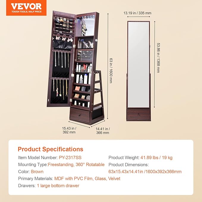 VEVOR 360° Swivel Jewelry Cabinet Armoire, 63-Inch Tall Lockable Jewelry Organizer with Full-Length Mirror, LED Light, Velvet Lining, Drawer, Freestanding, Brown