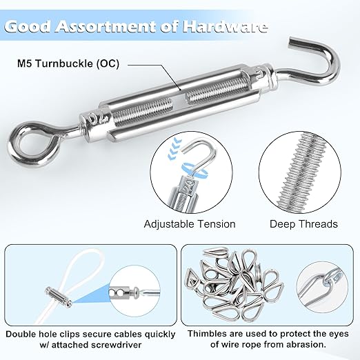 Turnbuckles for Cables Wires, 100Ft White PVC Coated Cable Kit, 7 × 7 Strands Core Wire Rope for Clothesline Wire for T Post/Grape Vine/String Light Hanging Kit