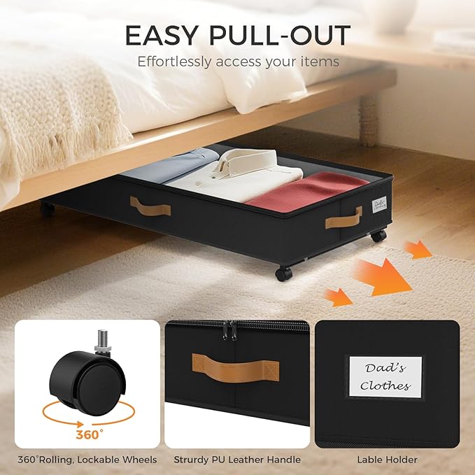 Under Bed Storage with Wheels 2-Pack, 75L XXL Under the Bed Storage Containers Large, 12" Tall Adjustable Storage for Underbed with Lids, Rolling for Shoes, Clothes, Blankets (Black)