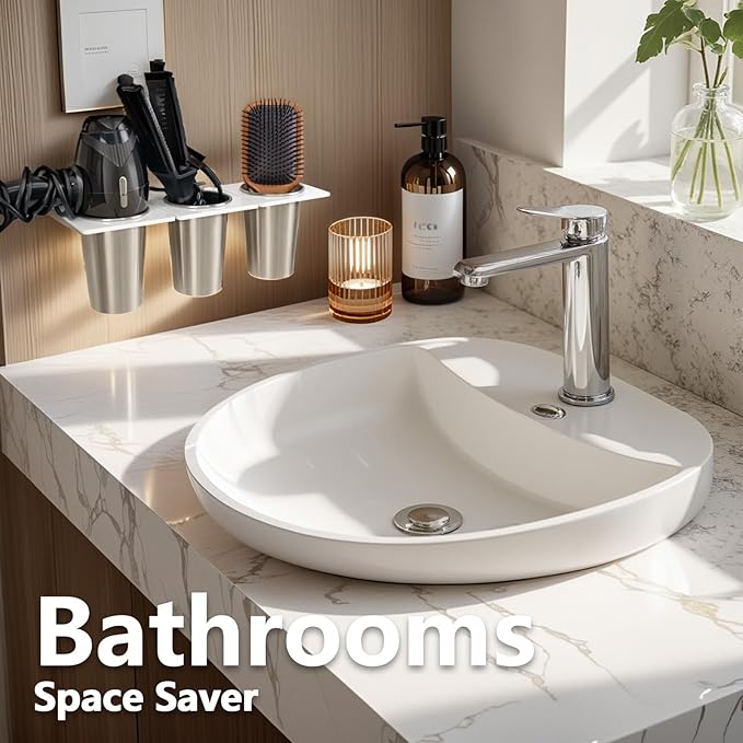 Hair Tool Organizer Wall Mount, Hair Dryer Holder and 2 Cup, Hair Hot Tools Organizer for Hair Styling Storage, Straighteners Holder, Curling Iron Holder, Hot Tool Storage for Bathroom Barbershops