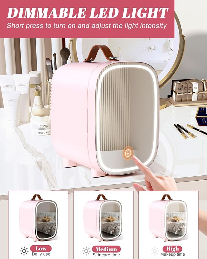 Mini Fridge for Bedroom, 4 Liter/6 Can Skincare Fridge With LED Mirror,12v AC/DC Cooler & Warmer Portable Small Refrigerator for Drinks, Makeup, Dorm, Office and Car(Pink)
