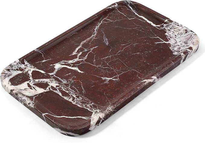 Marble Vanity Tray, Large Stone Bathroom Tray for Countertop, 14'' Rose Red Genuine Marble Decorative Tray for Dresser, Green Kitchen Trays for Counter,Perfume Storage, Non-Resin/Ceramic
