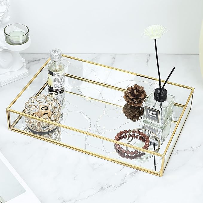 HighFree Rectangle Gold Mirror Tray, Decorative Glass Mirrored Vanity Tray for Perfume, Cosmetics, Makeup, Trinket, Jewelry (11.8x7.9x2)