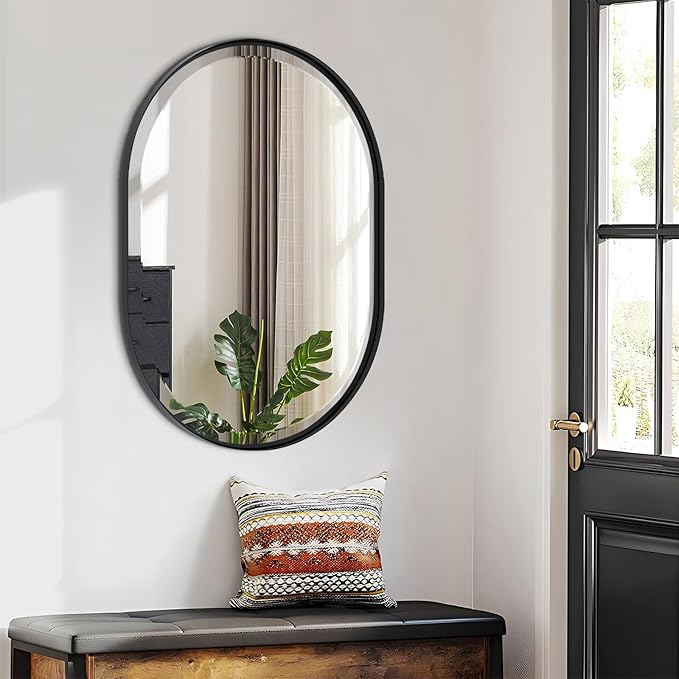 POZINO Oval Beveled Mirror, 24"x36" Bathroom Mirror for Over Sink, Rounded Rectangle Mirrors, Modern Oblong Vanity Wall Mirrors in Premium Stainless Steel Frame Hangs Horizontal Or Vertical