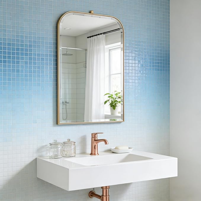 POZINO Brushed Gold Arched Mirror, 22"x35" Brass Vanity Oblong Mirror for Over Sink, Stainless Steel Frame Rounded Rectangle Mirrors for Bathroom Bedroom Living Room Entryway Hallway