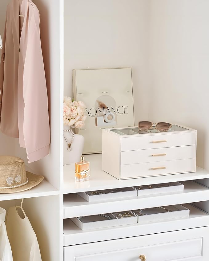 Lolalet Beige Sunglasses Storage Box for Women, Eyewear Eye Glass Organizer with Clear Top Lid Display Holder Case